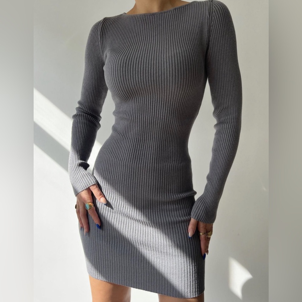 Solid Ribbed Knit Sweater Dress with Criss Cross Back Detail Size Small.
